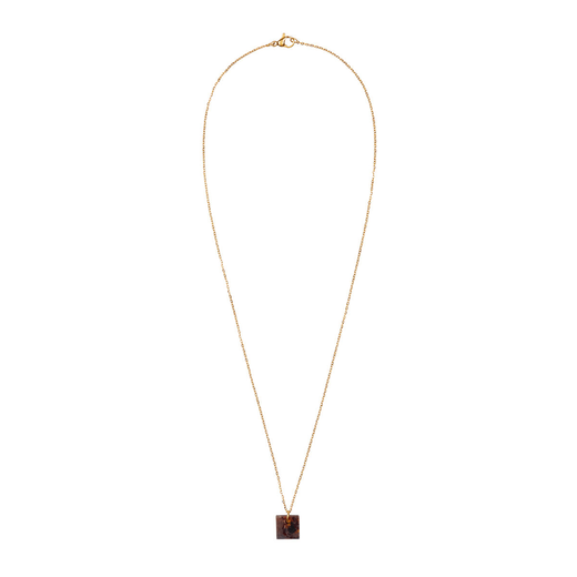 A gold chain necklace with a in a small, square shaped pendant on a white background.